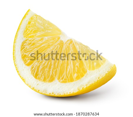 Lemon slice isolate. Lemon slice with zest isolated. Cut lemon fruit with clipping path.