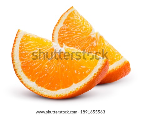 Orange slices isolated. Orang slice on white background. Orange fruit slices with zest isol. Clipping path.
