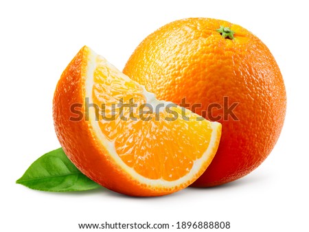 Orange fruit with leaf isolated. Orang whole, slice, leaves on white. Orange slice with isolate.