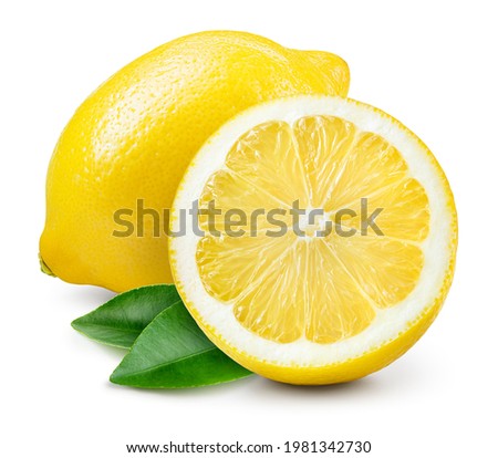 Lemon fruit with leaf isolate. Lemon half and a whole with leaves on white. Lemons isolated. With clipping path. Full depth of field.