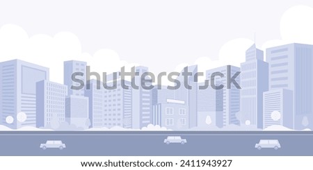 Light purple cityscape background, tall buildings, cars, and trees in the city. Monochrome urban landscape with white clouds in the sky. Modern flat-style architectural vector illustration.