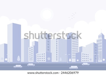 Purple monotone cityscape background, high-rise buildings, and trees at city view. Monochrome urban landscape with sun and clouds in the sky. Modern flat-style architectural vector illustration