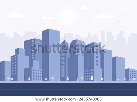 Light gray cityscape background. City buildings with trees at park view. Monochrome urban landscape with street. Hi-rise City buildings, street lights, and trees at city view. Monochrome landscape.