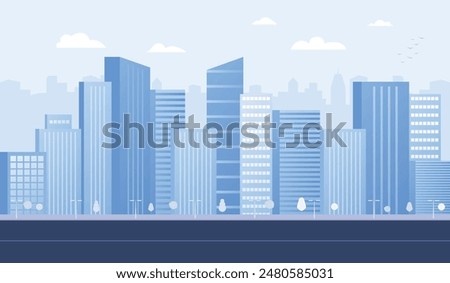 Monochrome urban landscape with clouds in the sky. Blue city buildings with trees. Modern architectural flat style vector illustration. Vector cityscape background.