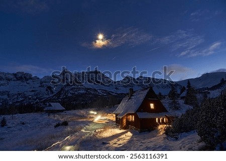 Similar – Image, Stock Photo Wooden cottages in winter forest at night