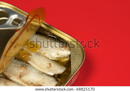 Close-up of Tinned sardines on red background