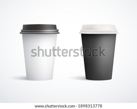 Set of mock paper cups with plastic lid. Vector illustration isolated. EPS10.