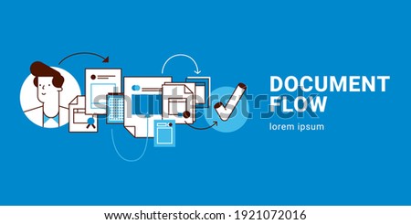 Document flow concept icons, thin line, flat design. Design of business workflow organization, marketing planning flow chart, office management process, supplies for work