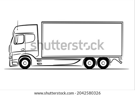 A hand drawn line art of a truck car. Outline Vector truck, lorry, side view. Urban cargo transportation over short distances. Modern flat vector illustration.
