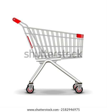 Metal wire small shopping cart for mall. Empty bag on wheels to carry heavy items, purchasing. Realistic supermarket trolley illustration. Object isolated on white background.