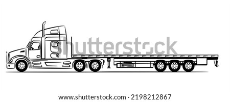 American Flatbed trailer truck abstract silhouette on white background.  A hand drawn of a truck car. Trailer with axle extendable trailer rigged. Low Bed Trailer Truck for Excavator