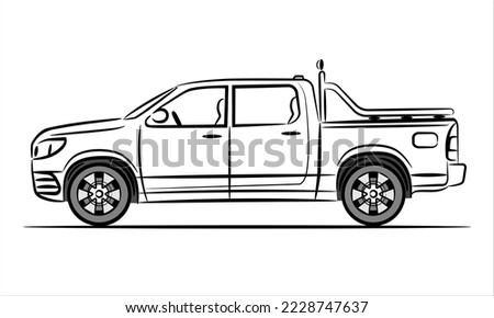 Outline illustration pickup truck, abstract silhouette on white background. Vehicle icons view from side. A hand drawn raster line art.