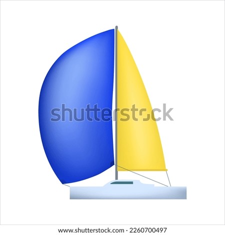 Sailing boat floating on water surface. Sea yacht with blue and yellow sails isolated on white background. Yacht club  sailboat label on white. Sailing yacht with a motor. Sea or river ship, flat icon