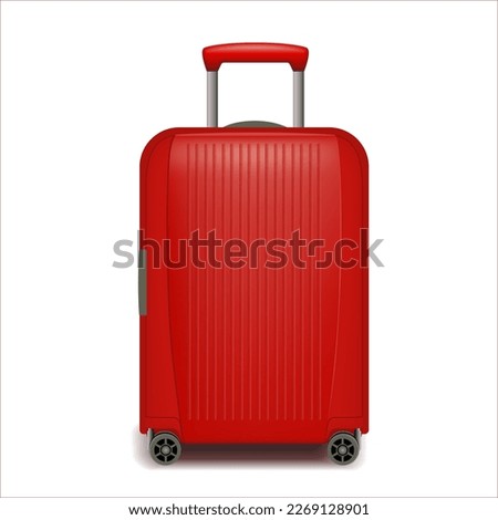 Realistic red wheeled travel bag with hand. Plastic travel suitcase. 3d illustration isolated on white background. Vector illustration.