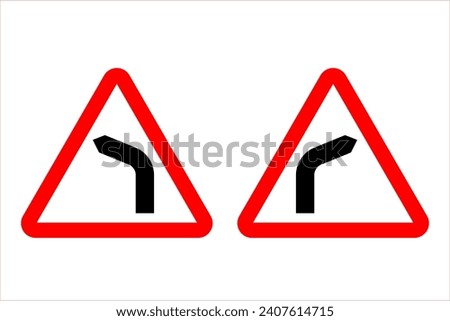 Warning of dangerous turn. Road sign - sharp left turn. Road sign - sharp right turn. Warning road sign. Red triangle with black bend symbol inside. Vector illustration isolated on white.