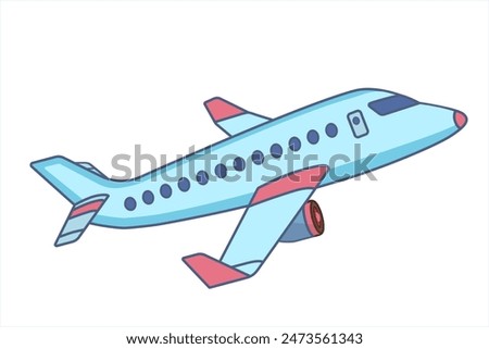 Airplane light blue color with pink tips. Plane in cartoon design. Passenger plane flying in the sky side view. travel concept. Toy plane graphic. Flat style vector illustration.