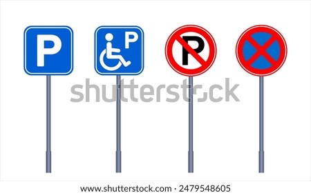 Parking traffic and disabled parking sign. Reserved parking. No parking sign. Absolutely NO STOPPING road sign. The sign stopping vehicles is prohibited. Vector flat image isolated on white background