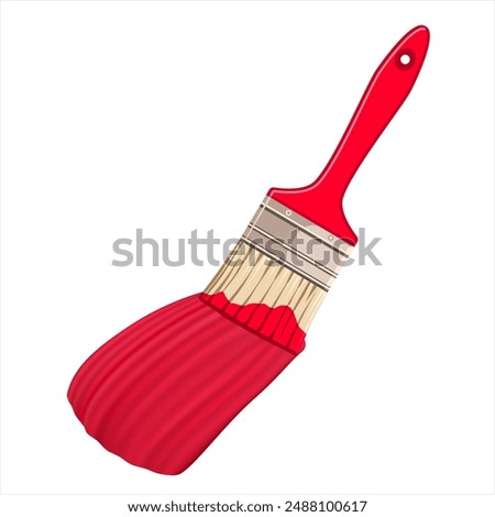 Realistic illustration of a flat paint brush. Painting tools. Wide brush with a wooden handle and red paint trace. Logo or sign of painting, repair, brush painting. Vector tool isolated on white.