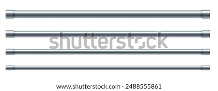 Cylinder metal straight pipes in realistic style. Stainless steel pipe for sewerage, water supply systems, industrial and construction. Vector illustration isolated on white background.