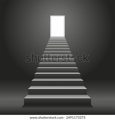  Illustration of ladder going up. Stairway to success or career ladder. Steps up.  A symbol of the Achievements. Vector illustration of stairs going up to the door with bright light.