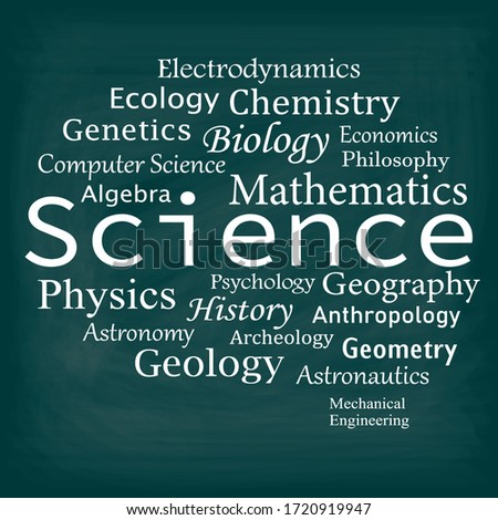 
Fundamental and applied sciences. The classification of sciences is presented in the form of a brain drawn on a blackboard. Vector illustration