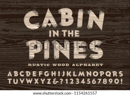 A rustic carved wood alphabet in the style that might be seen on a cabin door or a forest service sign