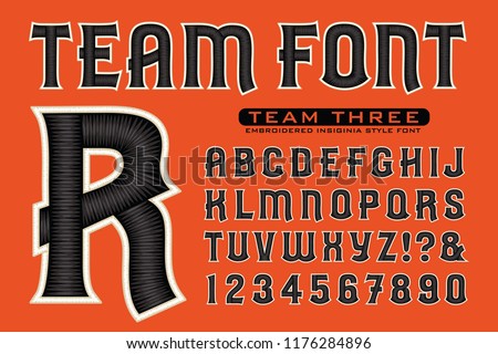 An orange, white and black sports team logo font, good for hat insignias, letter jackets, etc. Alphabet, numbers, and some punctuation included