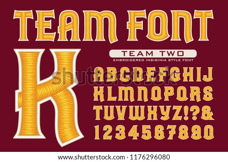 Vector font in sports team embroidery style. This lettering is ideal for sports icons, logos, insignias, etc. Full alphabet, numbers, and some punctuation included.