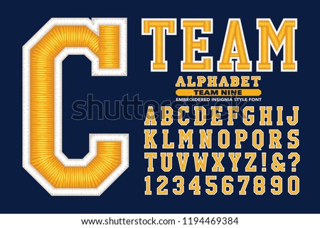 A sports team insignia or logo style alphabet. This font has a 3d embroidered thread effect.