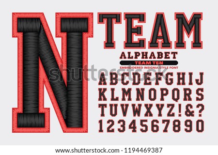 A sports team insignia or logo style alphabet. This font has a 3d embroidered thread effect.