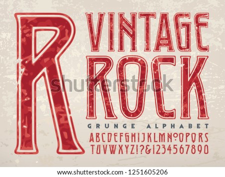 A vintage styled grunge alphabet. This font has a worn and retro flair reminiscent of 1970s vinyl album cover lettering for rock bands.