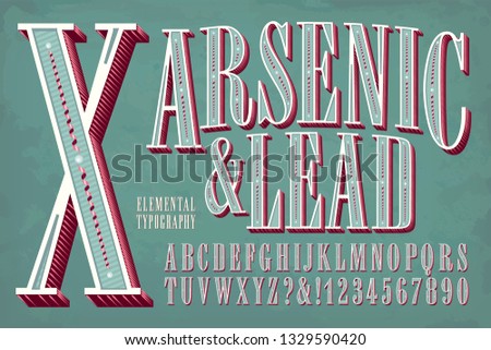 An elegant and ornate condensed alphabet with an antique Victorian look. This font has an old-world vintage quality and color palette