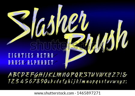 Slasher Brush is a duotone brush script alphabet. This 1980s retro style font captures the vibe of eighties art, music, and game graphics.