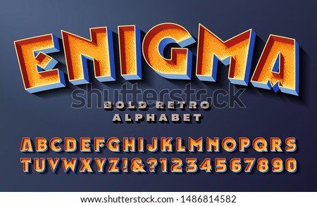 Enigma font; bold colorful retro alphabet with vintage 3d lighting effects