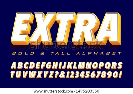 Vector typography 3d font: Extra bold and tall alphabet with depth and shadow.