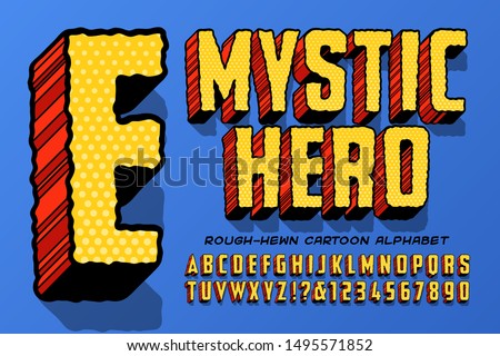 Vector font alphabet in a classic retro comic book style title or headline lettering; Mystic Hero has a rough-hewn look to the 3d edges.