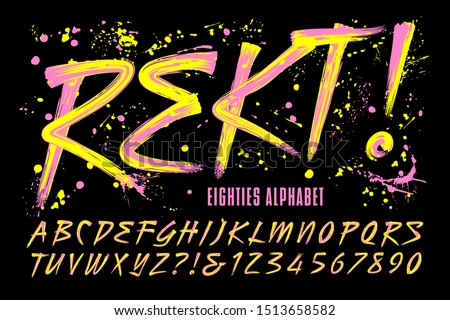 Rekt! is an 80s grunge paint brush alphabet with bright day-glow colors; This font includes a layer of paint drips to give it a retro urban effect. The word 