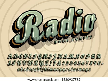 Radio bold cursive script alphabet design; this vector font has a vintage or retro quality suggesting the golden age of radio.
