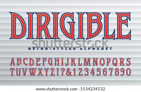 Vector retro alphabet; Condensed font with large pointed serifs. This lettering is similar to both 1930s art deco type and 1960s or 1970s rock album typography. Dirigible means zeppelin or blimp.