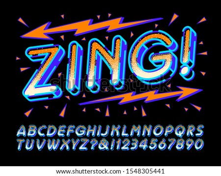 Zing! is a happy and fun vector alphabet. This festive layered lettering font is good for parties, birthdays, greeting cards, banners and posters.