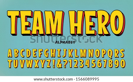 A comic superhero font. Team Hero is a vector alphabet in bright yellow with a red and black 3d drop. It is similar to vintage lettering styles from the classic comic book genre.