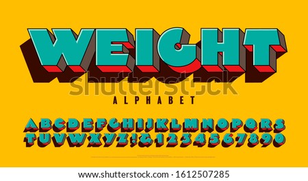 Extra heavy 3d alphabet design in bright colors. Weight font is a super extra bold capitals lettering style with a fun pop art vibe and a vivid vintage color scheme.