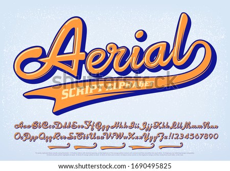 Aerial script alphabet; a calligraphy or script font with graphic incised lines and a set of five swash embellishments. This cursive lettering is ideal for vintage collegiate or retro logo branding.