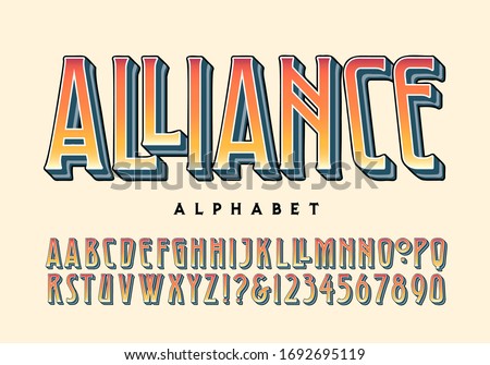 Alliance alphabet; a lettering style with a 20th century heavy metal rock vibe, but with roots in art deco style and the arts and crafts movement. This type font has a handful of alternate characters.