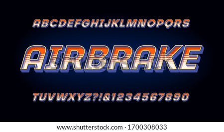 Airbrake alphabet; a racing or motorsports styled font of italic capitals with stripes and 3d effects. Similar to logo treatments on race cars.