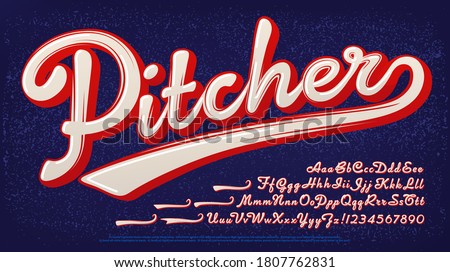 Pitcher script alphabet: A baseball style two-color logo font.