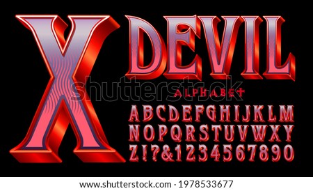 Devil alphabet: A red and purple serif font with 3d and shiny gradient effects. Appropriate for Halloween, Goth, Satanic themes, costume packaging, movie and game graphics, etc.