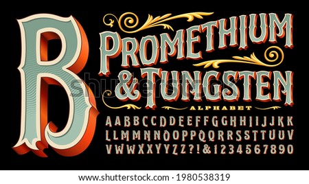 Promethium and Tungsten is an elegant and ornate alphabet with vintage style 3d details. Good for circus, carnival, amusement park, steampunk, logos for tattoo parlor, curio shop, carousel, etc.