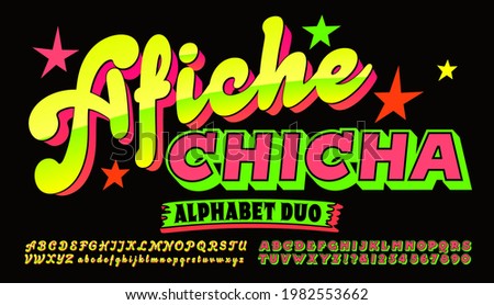 A pair of alphabets to be used together to create bright and eye-catching Peruvian style poster graphics. Afiche is Spanish for “poster,” Chicha refers to a South American beverage.