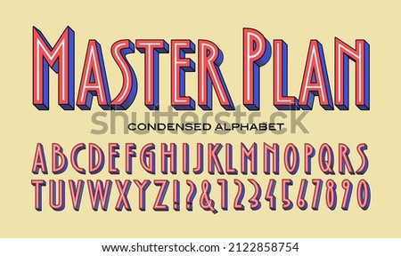 Master Plan is a tall condensed vector alphabet with 3d effects in a red white and blue color scheme.